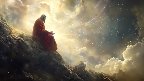 Solitary robed figure on rocky slope under radiant sky.