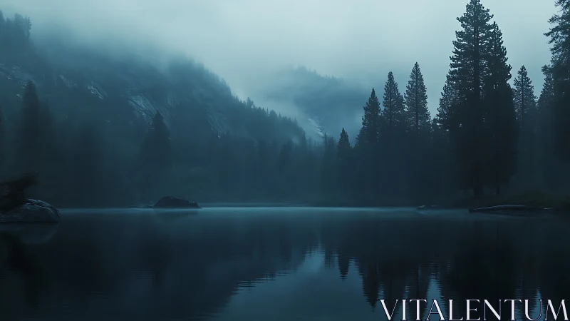 Fog-draped alpine lake with silhouetted conifer forest at dusk.