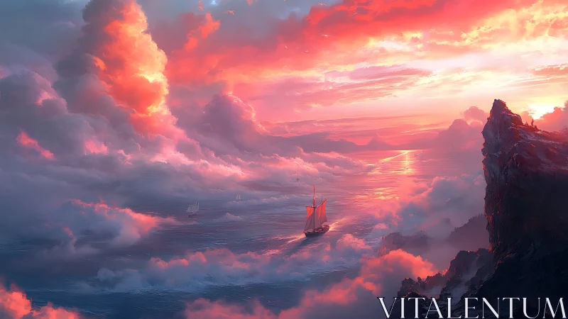 Digital seascape with sunset cloud vistas and lone schooner.
