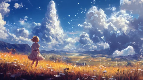 Girl in golden field under towering summer clouds.