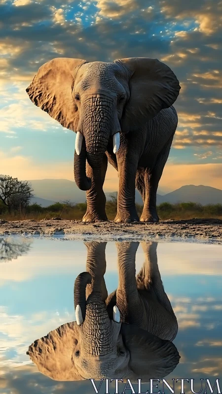 Majestic savanna elephant meeting its mirrored twilight twin.