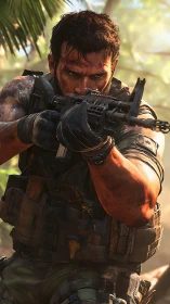 Battle-hardened soldier aims rifle in sunlit jungle close-up