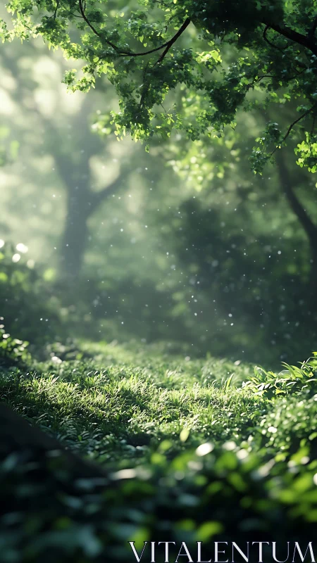 Serene forest clearing bathed in ethereal morning light.