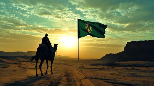 Desert rider approaches towering green flag at sunset.