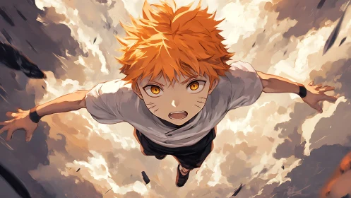 Fiery‑eyed anime boy soars upward through stormy skies