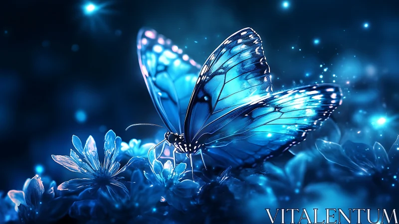 Luminescent blue butterfly rendered in high-contrast digital bokeh field