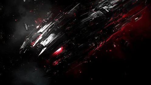 Shattered starship drifting through a red-tinted cosmic void.