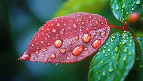 Red leaf with water droplets is photographed in macro view