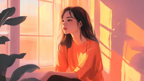 Solitary girl illuminated by warm sunset window light