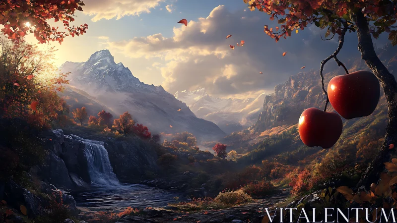 Mountain valley cascade with hyperreal foreground apples.
