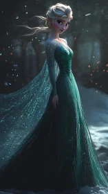 Stylized ice sorceress in volumetric-lit forest with glittering gown