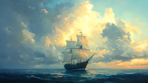 Sailing vessel moves across open sea under dense cloud cover