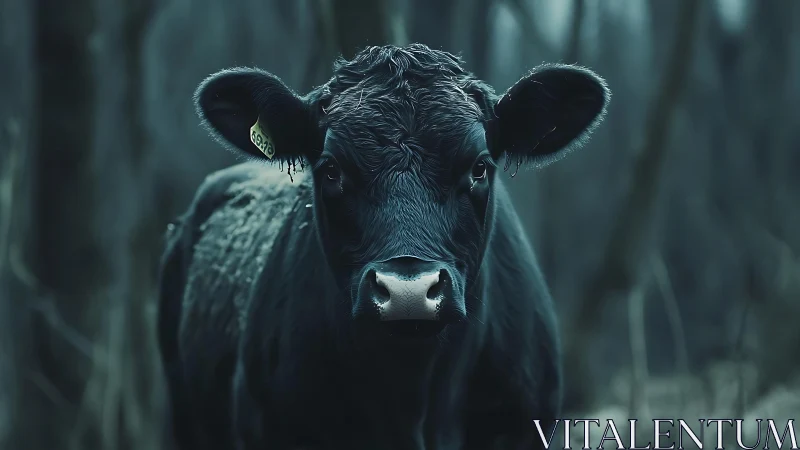 Moonlit forest cow gazing softly through the quiet dusk.
