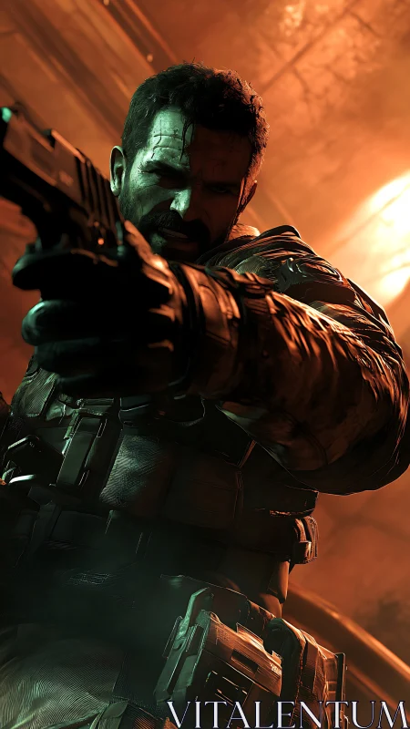 Grim soldier in molten light aims down the last hallway.