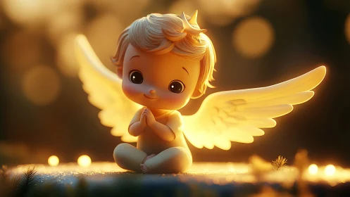 Luminous chibi angel child rendered in cinematic soft-focus bokeh