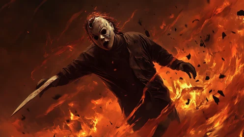 Masked knife-wielding figure walking through surrounding fire.