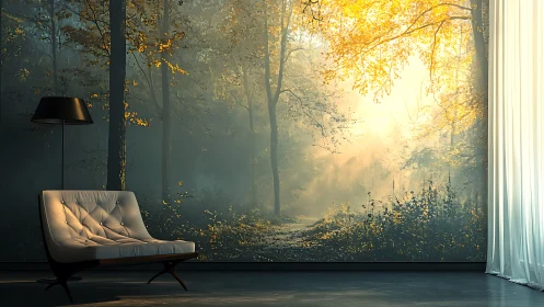 Modernist Chair Before Autumn Forest Mural