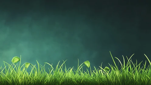 Fresh green grass glows against deep teal background.