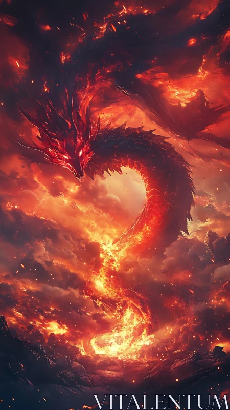Firestorm dragon swirling through a sky of molten clouds.