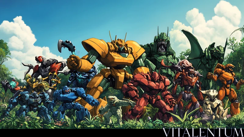 Mech animal squad poised for jungle battle under sunlit sky.