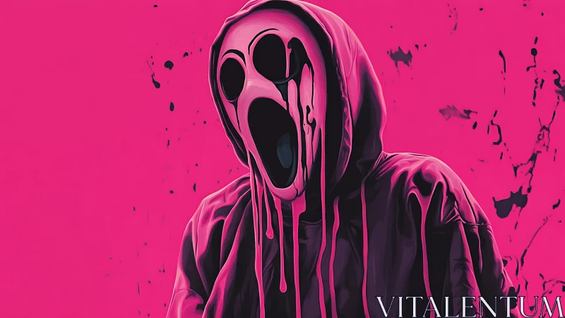 Neon hooded scream figure with melting black mask.