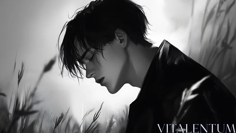 Profile view of solitary male figure in grayscale field scene.