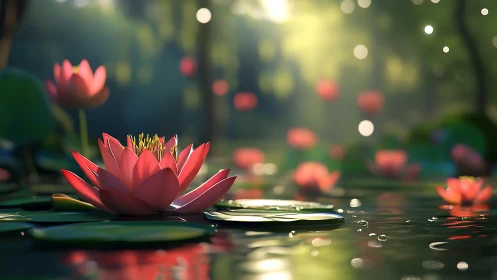 Pink lotus blooms glow over tranquil bokeh pond at dusk.