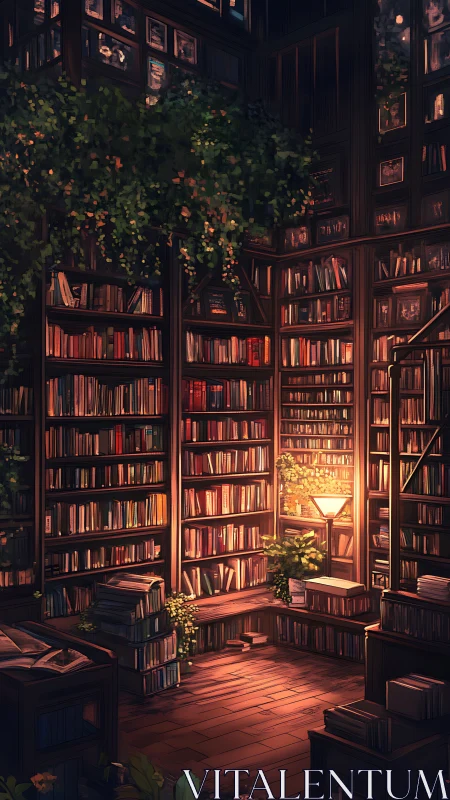 Sunlit Corner Library Where Vines Whisper to Bookshelves.