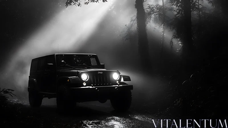Off-road SUV cuts through misty forest trail at night