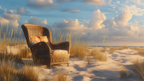 Wicker chair on sandy coastal dunes under evening sky.
