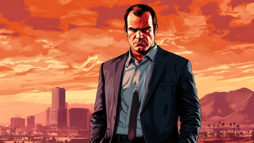 Suited male figure stands before stylized urban landscape