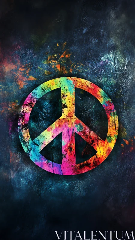 Neon-splashed peace symbol blazing against cosmic night sky.