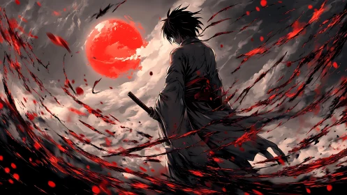 Lone samurai under blood-red moon amid swirling embers.