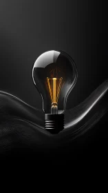 Glass light bulb glows above dark metallic wave surface