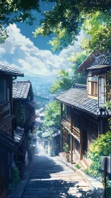 Sunlit traditional hillside street recedes toward distant valley