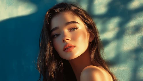 Sunlit portrait captures serene beauty against teal wall.