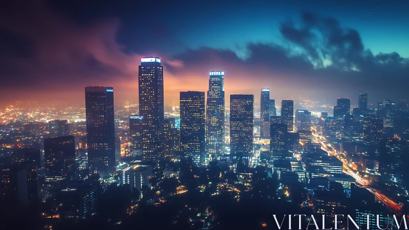 Neon-lit high-rise skyline emerges through cinematic urban haze
