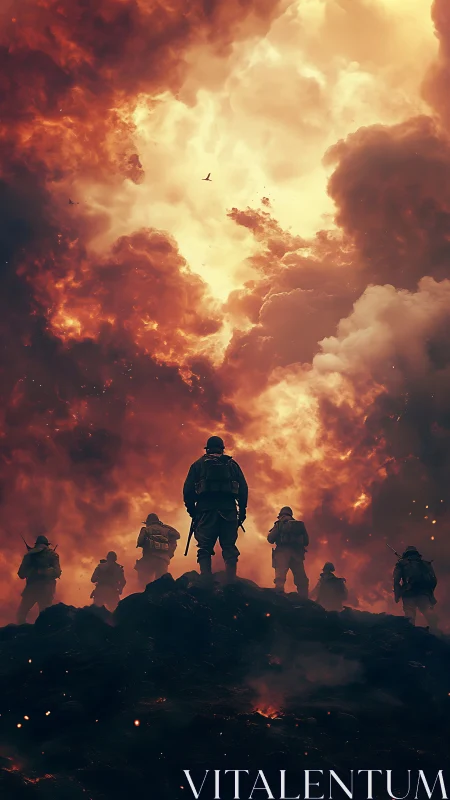 Soldiers stand silhouetted against apocalyptic fiery sky.