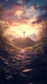 Sunlit hillside cross along rocky path at radiant sunset.