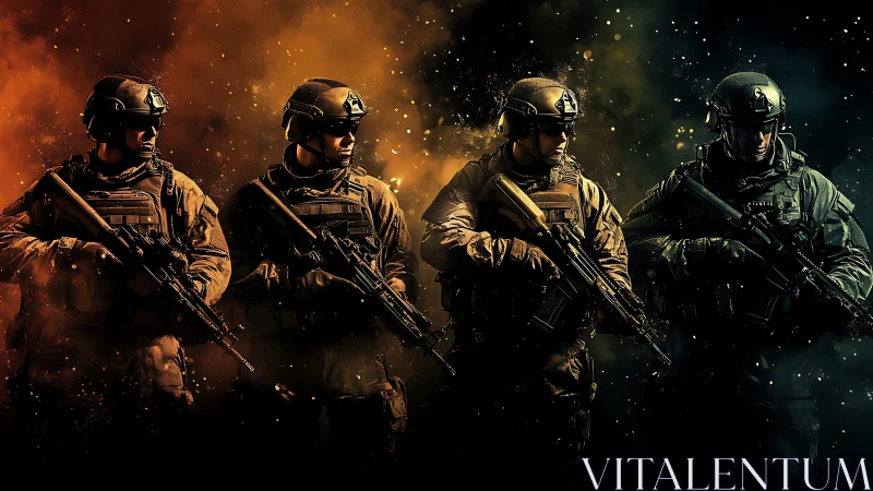 Photoreal tactical squad lineup with cinematic lighting design.
