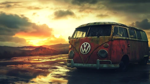 Weathered VW microbus at wet rural road under stormy sunset