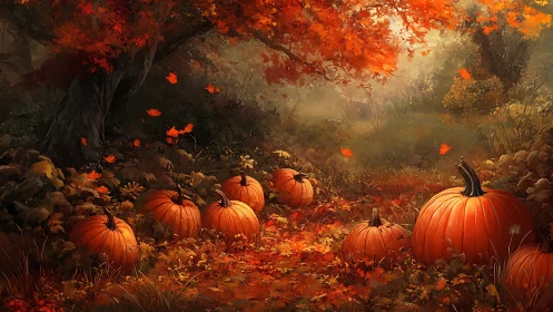 Autumnal pumpkin field under diffuse warm woodland light.