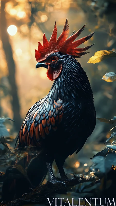 Majestic Rooster with Crimson Crest in Golden Forest.