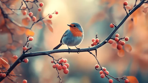 European robin on berry branch in soft autumnal bokeh style.