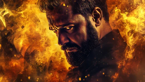 Male profile portrait is integrated into dense fiery textures