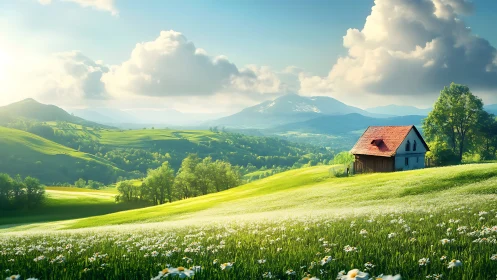 Sunlit alpine meadow topology with solitary rural dwelling.