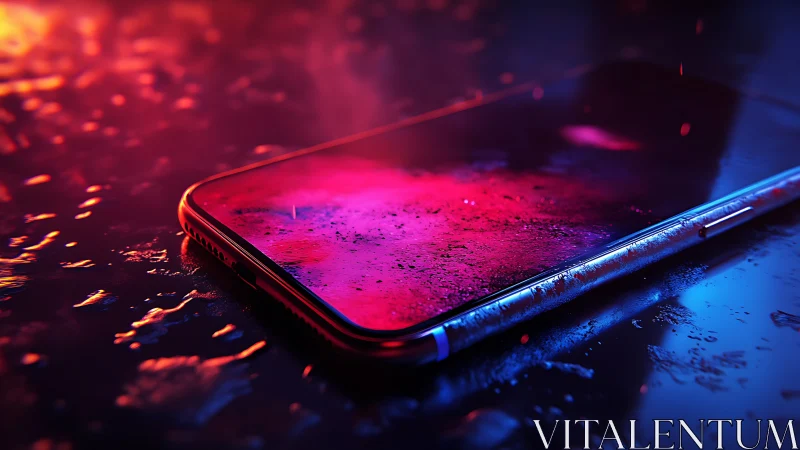 Neon-illuminated smartphone on wet surface, high-gloss optics.