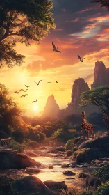 Golden safari sunset bathes tranquil wildlife river valley