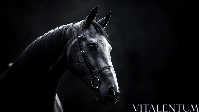 Horse head portrait in high contrast side lighting on black