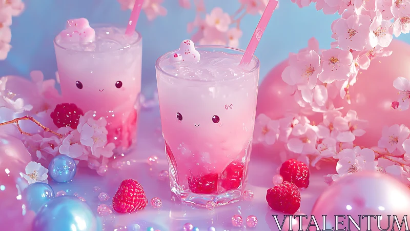 Kawaii pink raspberry drinks with cherry blossom decor.